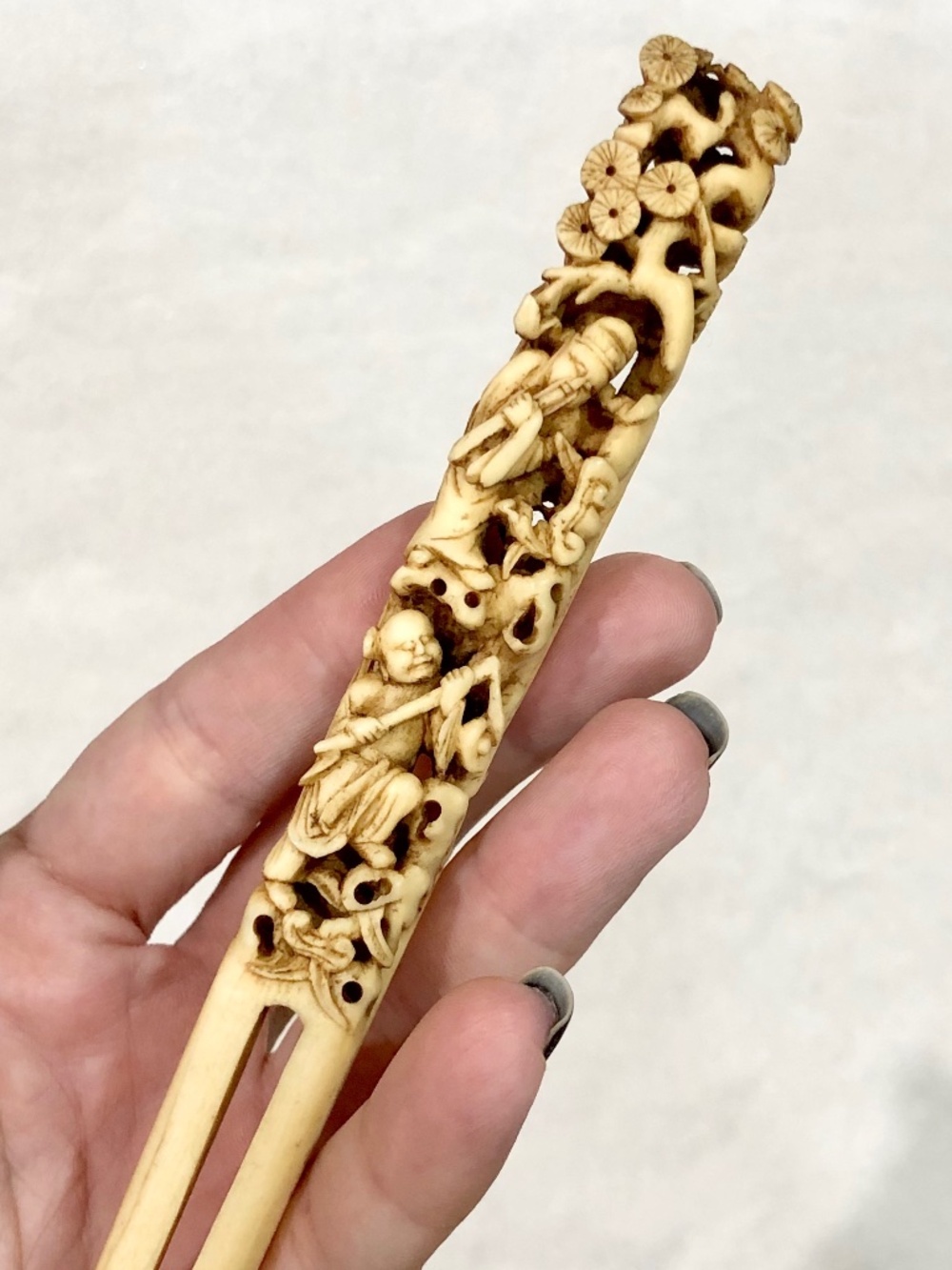 Antique Chinese Ming Dynasty Carved Bone Hairpin Ornament Wedding Accessory